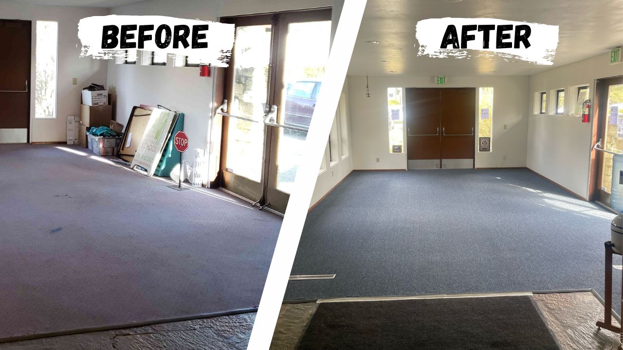 Temple foyer before and after the new carpet