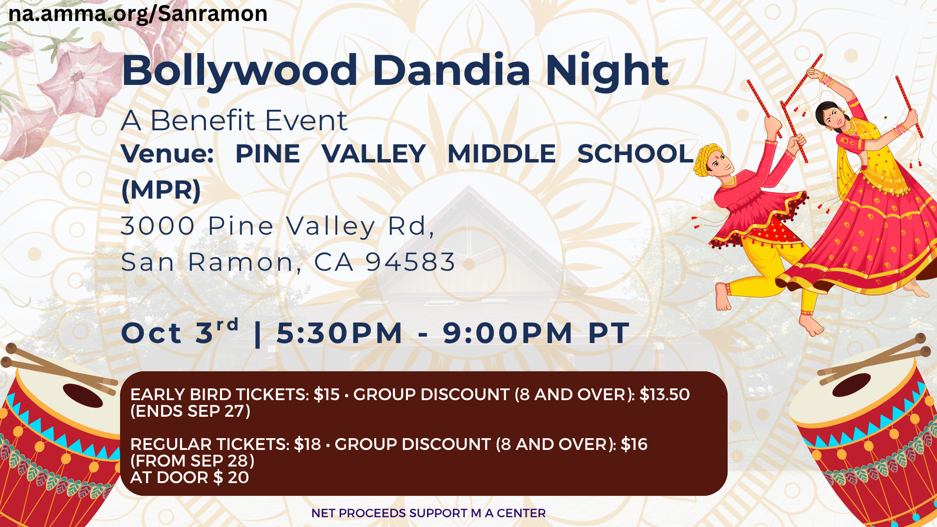 Bollywood Dandia Night flyer — Saturday, October 3, Pine Valley Middle School, San Ramon