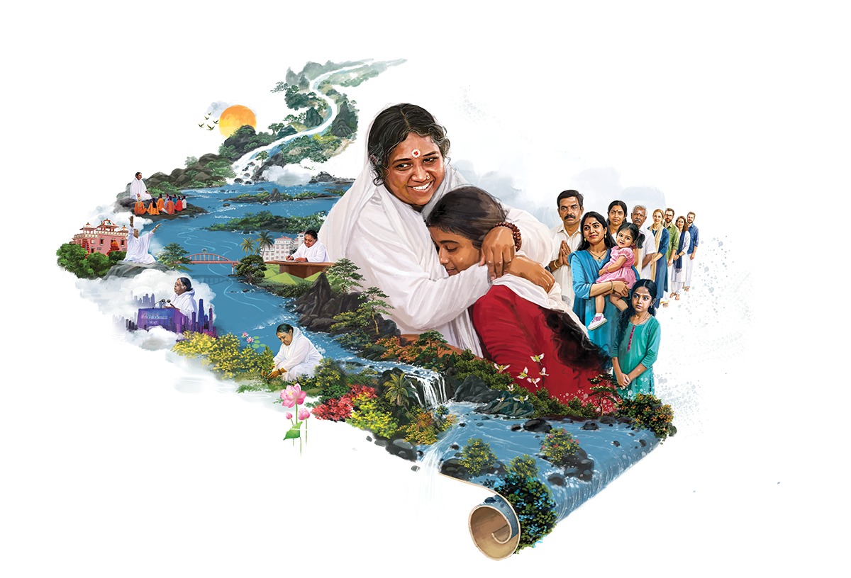 Artwork of Amma embracing a devotee amid scenes of selfless service, for Vishwa Seva Dinam