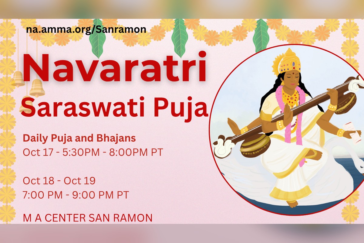 Navaratri Saraswati Puja flyer — October 17, 5:30–8:00 PM; October 18–19, 7:00–9:00 PM PT