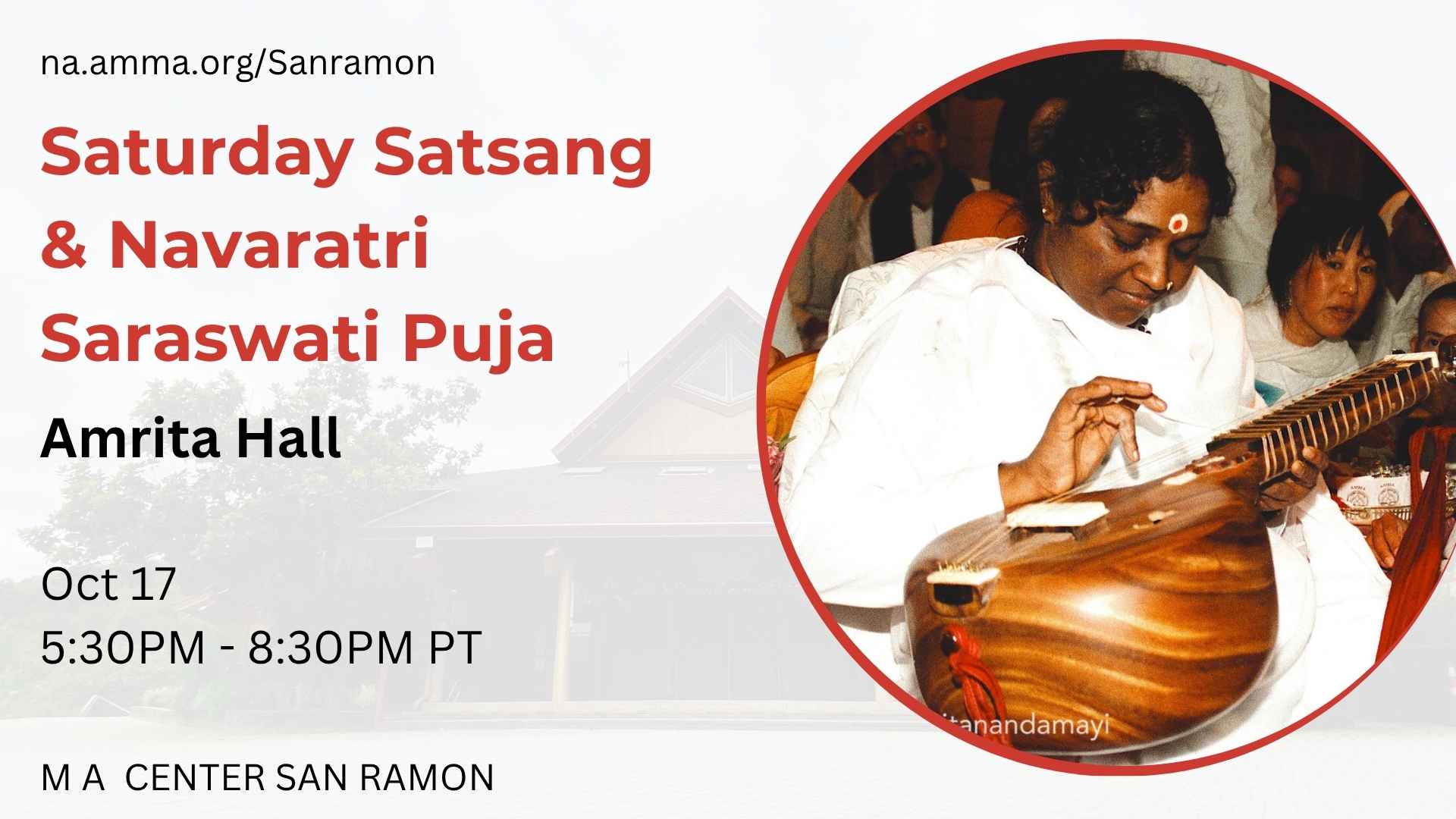 Saturday Satsang and Navaratri Saraswati Puja flyer — Amrita Hall, October 17, 5:30–8:30 PM PT