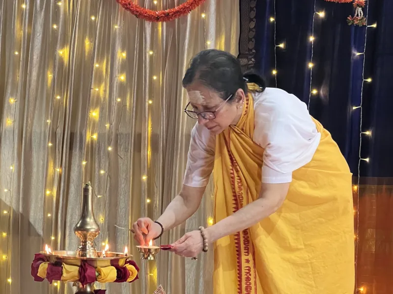 Sarva Amriteshwari Puja altar and lamps