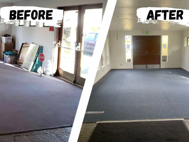 Temple foyer before and after the new carpet
