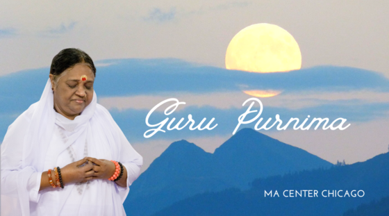 Amma with folded hands with the full moon in the background