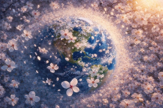 White flowers falling on the whole Earth