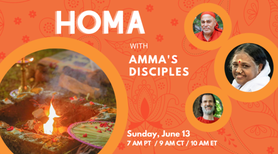 Image of a homa fire with a fan and flower petals alongside pictures of Amma with disciples
