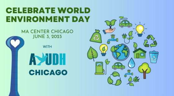 Green-themed graphics alongside a drawing of the MACC water tower