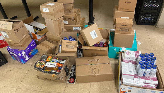 Non-perishable food items in cardboard boxes