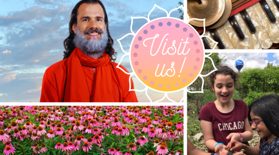 a photo montage of Swami Shantamritananda Puri, a harmonium, flowers and children