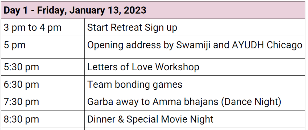 A table showing the retreat schedule