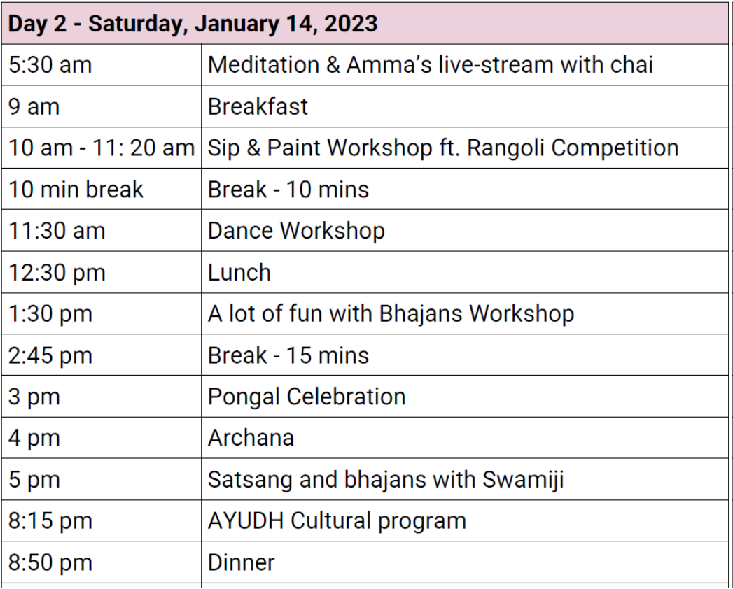 A table showing the retreat schedule for day 2