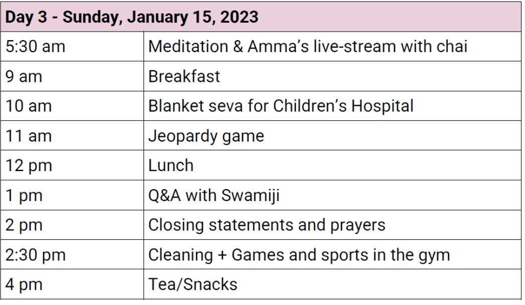 A table showing the schedule for day 3 of the retreat