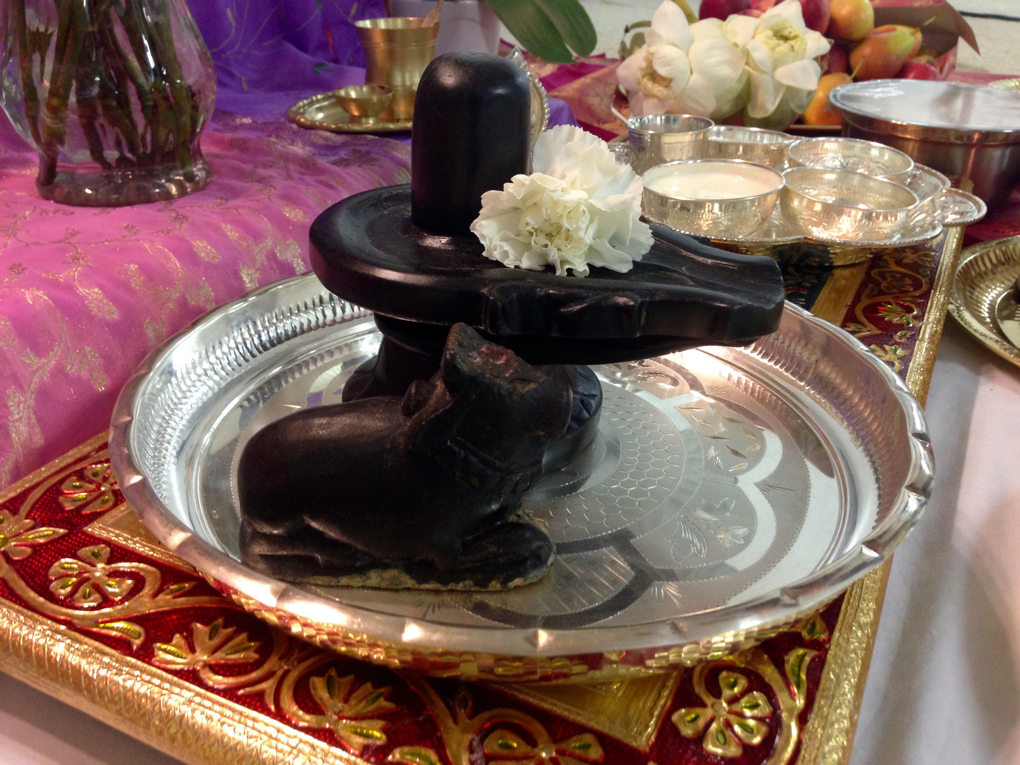 Dark stone Shiva Lingam and Nandi on silver plate